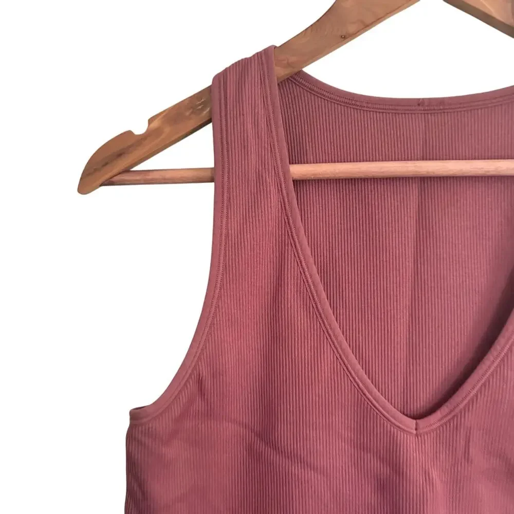 Athleta Aurora V-Neck Ribbed Tank Top L Pink Tawny Rose Running Yoga Athleisure